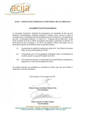 Edital de Convocação Assembléia Geral Extraordinária ACIJA - 09 de novembro de 2018 às 10:00h. 