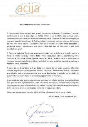 Carta Aberta Ã  sociedade e autoridades. 
