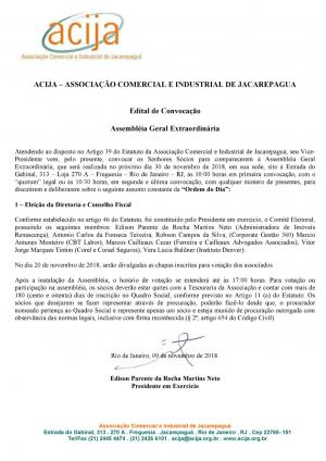 Edital de ConvocaÃ§Ã£o AssemblÃ©ia Geral ExtraordinÃ¡ria e InscriÃ§Ã£o de Chapas para EleiÃ§Ã£o da Diretoria e Conselho Fiscal ACIJA. 